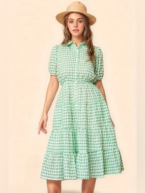 Mint Green Collared Short Sleeve Midi Dress